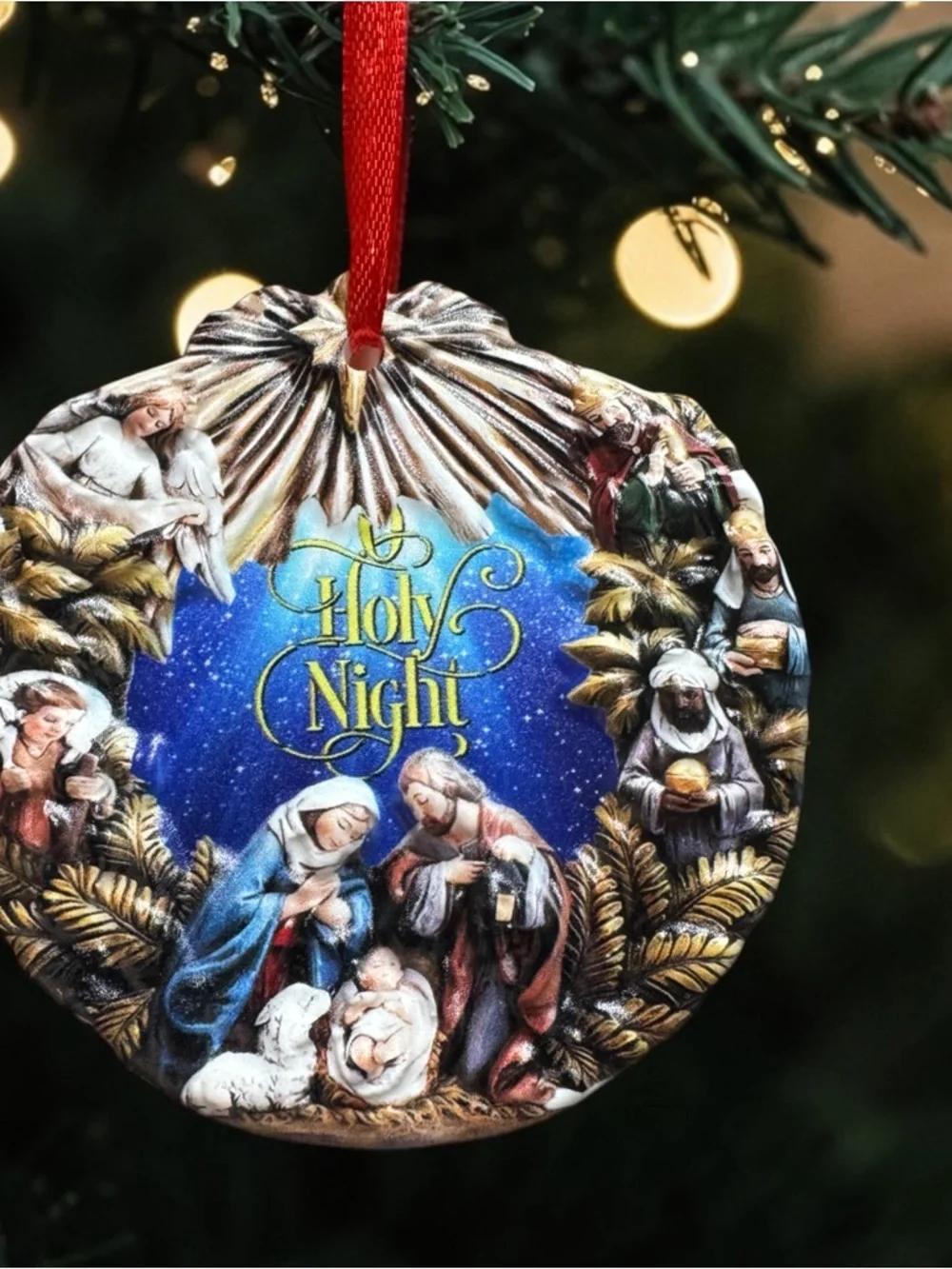 NIB O Holy Night Nativity Ornament 3D Porcelain Religious Christmas Decor